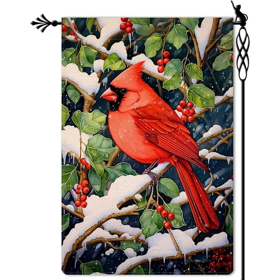 Cardinals Winter Garden Flag Holiday Holly Garden Flag Winter Festive Vertical Double Sided Rustic Farmland Burlap Yard Lawn Outdoor Decor 12.5x18"