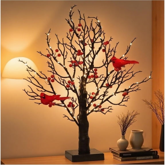 CardinalsTree, 21 in Led Vintage Glowing Tree with Cardinalsand Berries, CardinalTree with Moving Birds, Little Red Bird Trees Lights Tabletop Centerpiece for Halloween Christmas