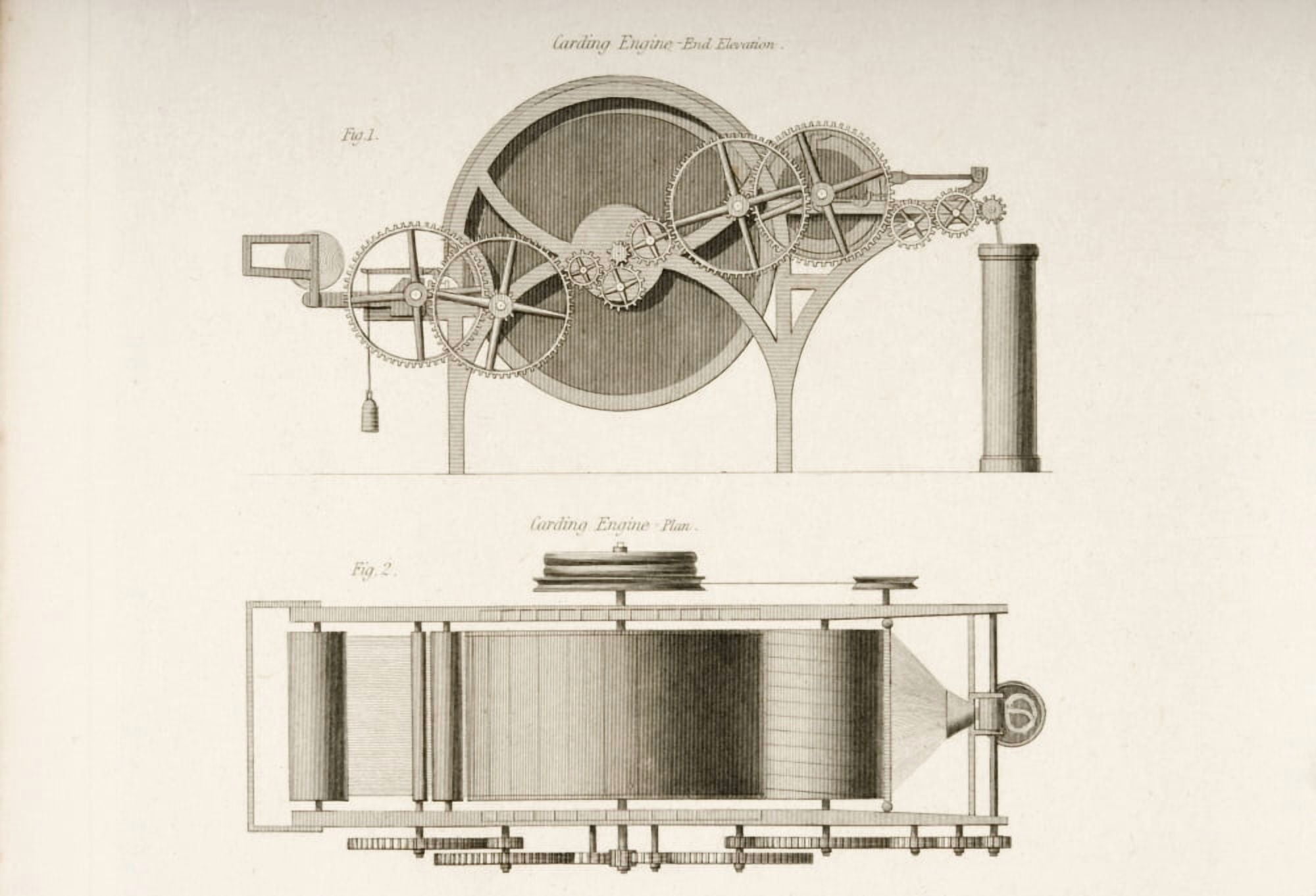 Carding Engine End Election Top And Plan At Bottom Drawn By JW Lowry In 1830S Canvas Art - Ken Welsh Design Pics (34 x 22)
