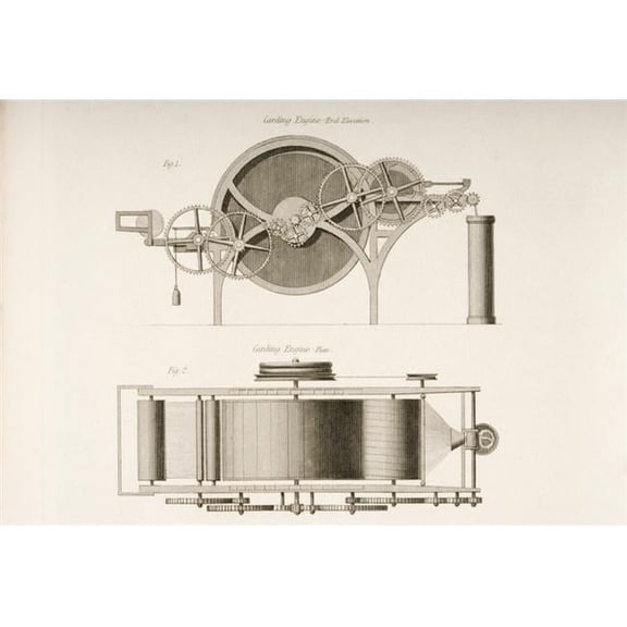 Carding Engine End Election Top & Plan At Bottom Drawn by J.W. Lowry in 1830S Poster Print, 17 x 11