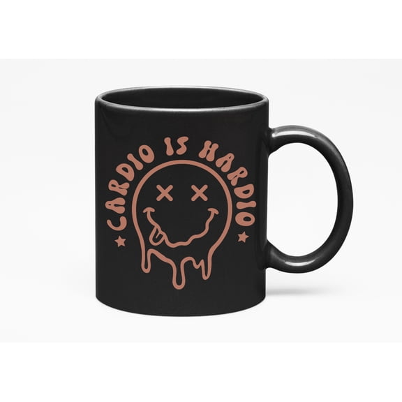 Cardio Is Hardio Pun Quote Art, Gym or Work Out Merch Gift, Black 11oz Ceramic Mug