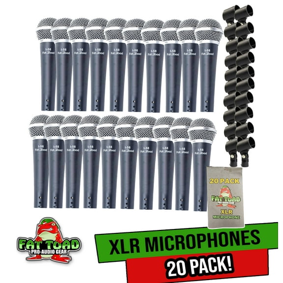 Cardioid Dynamic Microphones & Clips (20-Pack) by FAT TOAD | Vocal Handheld Unidirectional Mics for Music Stage Performances, Studio Recording & DJ Karaoke