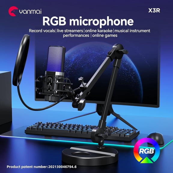 Cardioid USB Microphone with RGB Lights, Dual-Base Stand Bundle for Streaming Gaming Recording