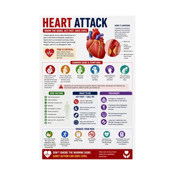 Cardiovascular Emergency Poster Heart Health Educational Chart for First Aid Training School Nurse Office Decor