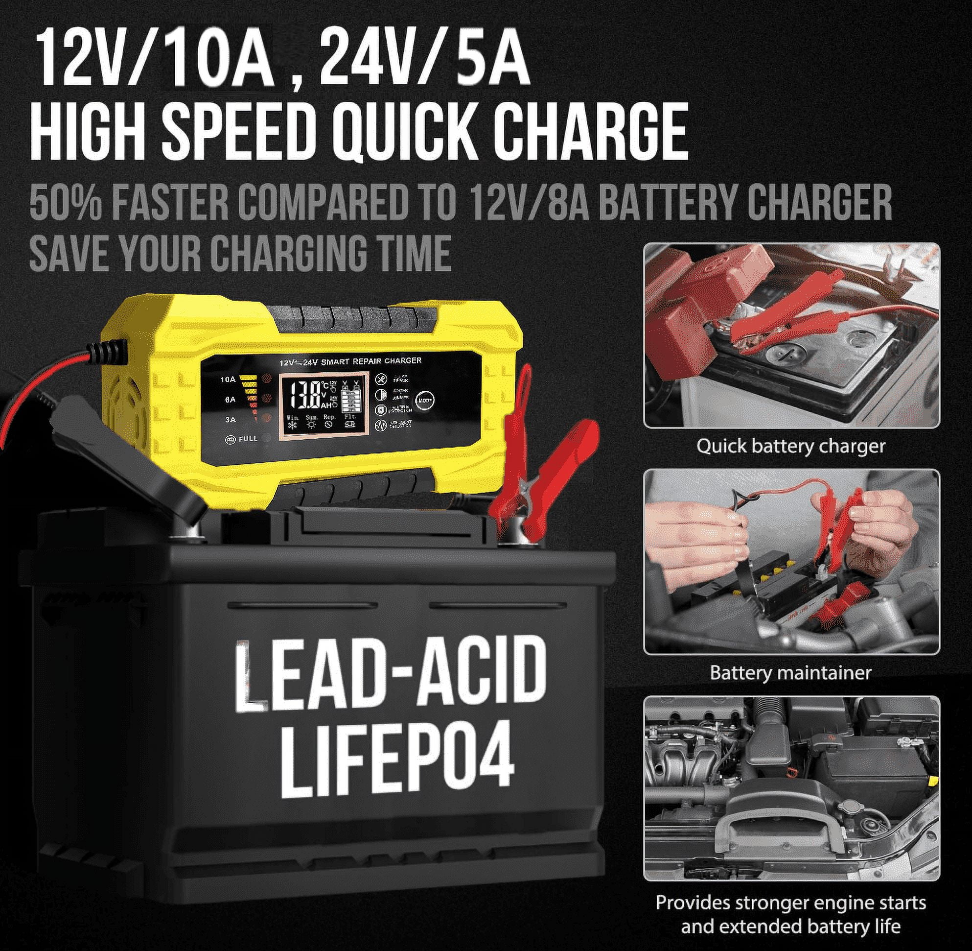 Cardivek 12V10A 24V5A Car And Motorcycle Battery Charger Color Screen Digital Display Lead-Acid Battery Start-Stop Repair Activation Charger Lithium Battery Universal