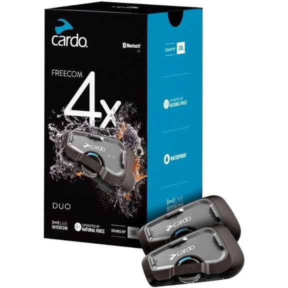 Cardo Systems FREECOM 4X Motorcycle 4-Way Helmet Bluetooth Communication System Headset Intercom, Universal Bluetooth Connectivity, Waterproof, 40mm Speakers - Dual Pack