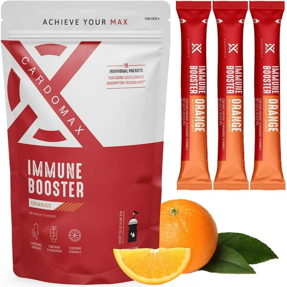 CardoMax Immune Booster Liquid Drink Mix with Gingseng & Vitamin C - Single-Serve Packets for Immune Support - Orange Flavor (15 Count)