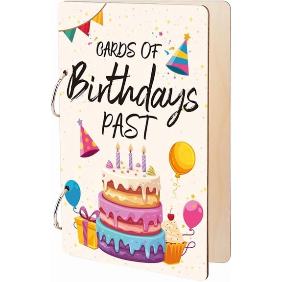 Cards of Birthdays Past Greeting Card Holder Organizer Wooden Card Keeper Binder Cake Birthday Reminder Calendar Cards Keeper Photo Album 2-Rings Cover Planner Journal Keepsake Gifts Beige