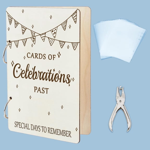 Cards of Celebrations Greeting Card Organizer Planning Book Binder Card Keeper Wedding Birthday Cards Holder Wooden Keeper Binder Photo Album Cover with Punch and 10pcs Inner Pockets