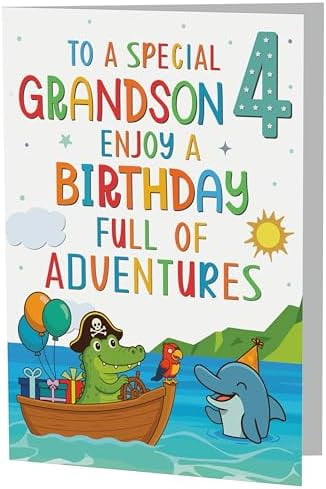 Cards Grandson 4th Birthday Card Pirate & Sea Adventure Design A5 size Premium Greeting Card UK$$Office