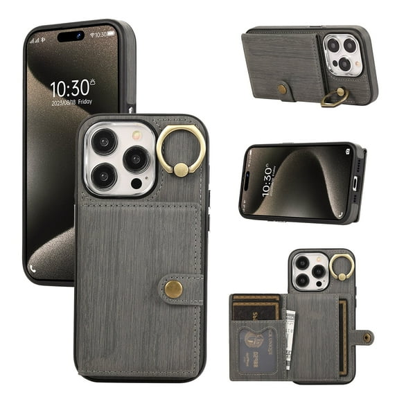 Cards Holder Wallet Case for Apple iPhone 12/ iPhone 12 Pro, Retro PU Leather Slim Fit 360 Rotating Ring Holder Kickstand Shock Resistant Phone Case Cover for Apple iPhone 12 Pro/12 - Gray