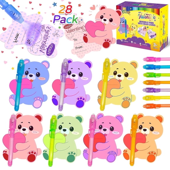 Cards for Kids School, 28 Pack Invisible Ink Pens with UV Light & Mini Heart Bear Cards, Secret Message Classroom Gift Exchange, Non-Candy Party Favor & Prize for Boys & Girls, 3 Age +