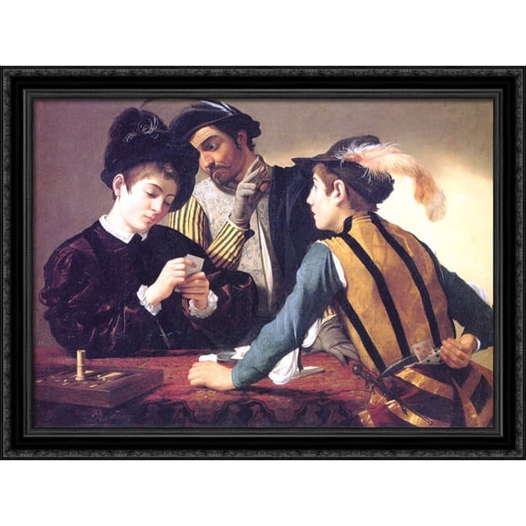 Cardsharps 36x28 Large Black Ornate Wood Framed Canvas Art by Caravaggio
