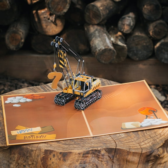 Cardstalked's Handmade Pop-up 3D Happy Birthday Card! 3D crane pops up. Perfect for kids birthdays! Customizable with child age!