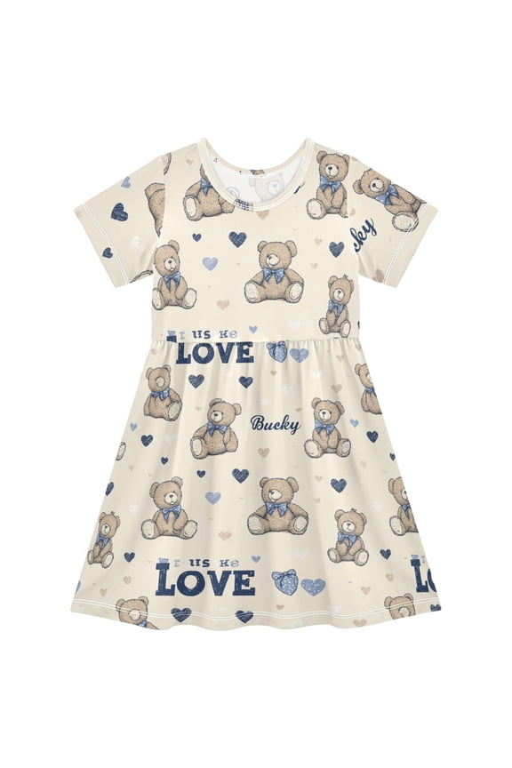 Care Bear Short Sleeve Dress A-Line Cute Midi Casual Sundress 2-8 Years