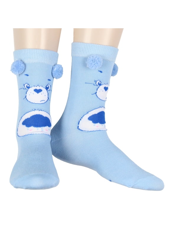 Care Bear Socks Women's Grumpy Bear Face and Belly Badge Design Pom-Pom Mid-Calf Junior's Crew Socks Size 9-11