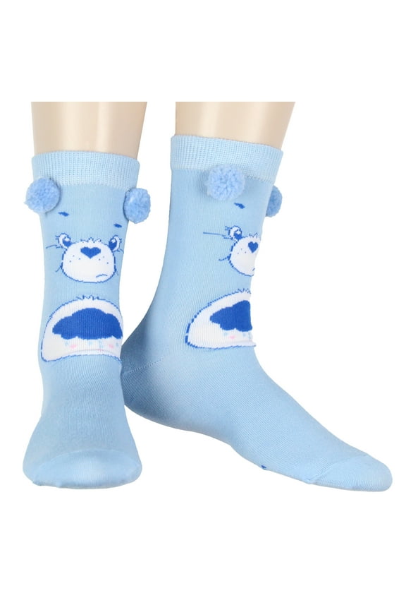 Care Bear Socks Women's Grumpy Bear Face and Belly Badge Design Pom-Pom Mid-Calf Junior's Crew Socks Size 9-11