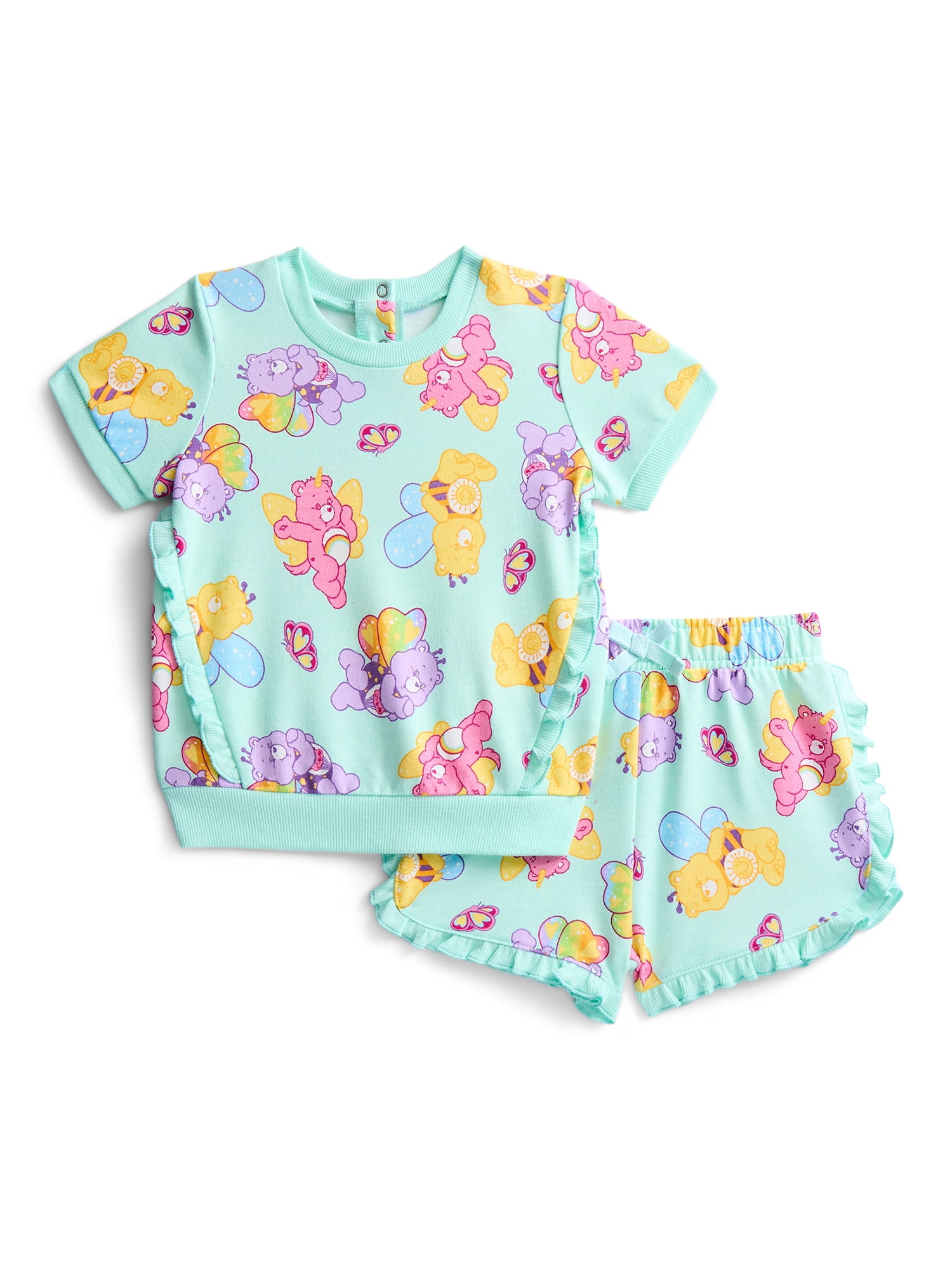 Care Bears Baby Girls Short Sleeve Allover Print Ruffle Shirt and Matching Shorts Set, 2-Piece, Sizes 0/3M-24M