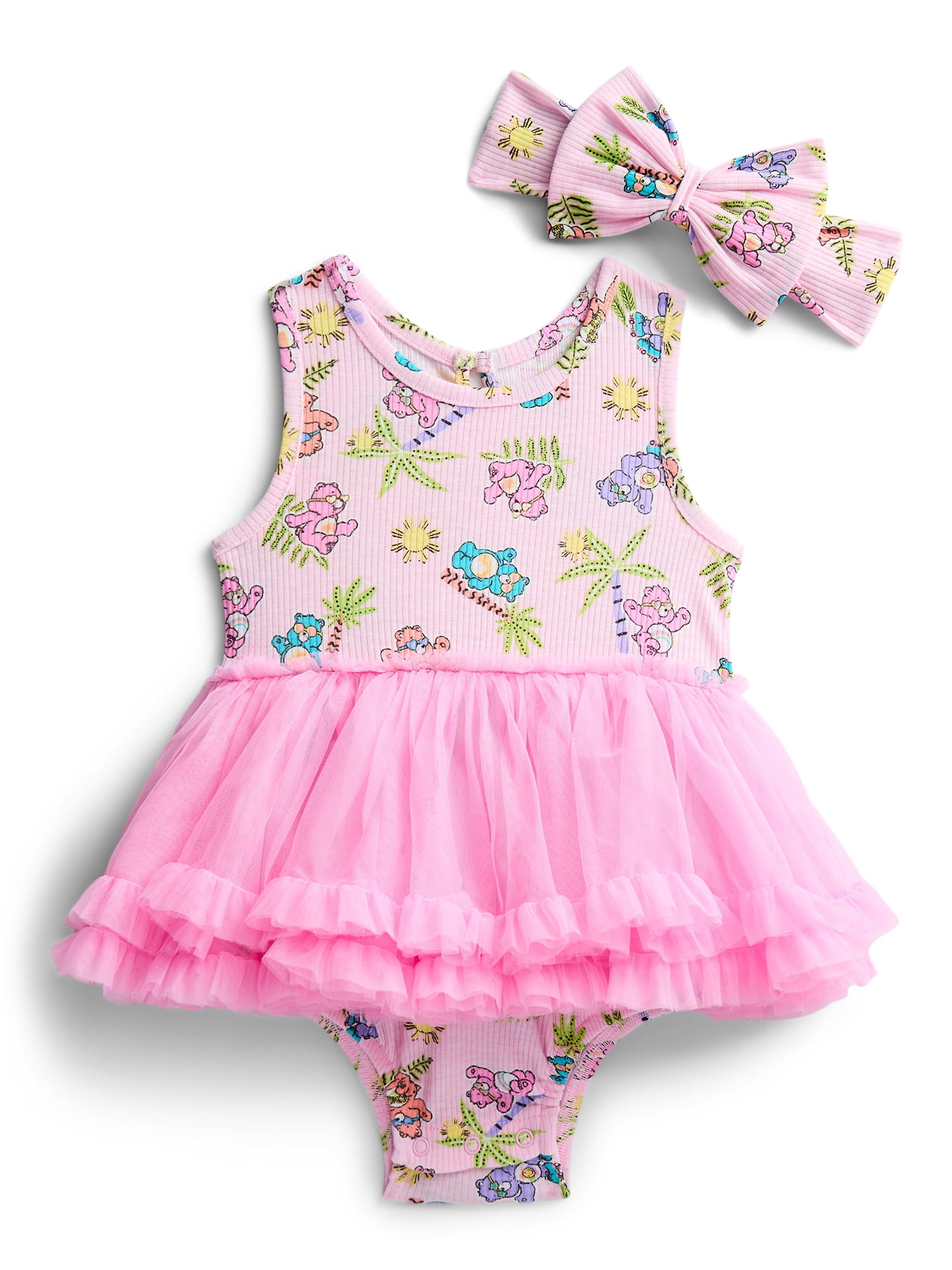 Care Bears Baby Girls Sleeveless Allover Print Tutu Dress with Matching Bow Headband, Sizes 0/3M-24M