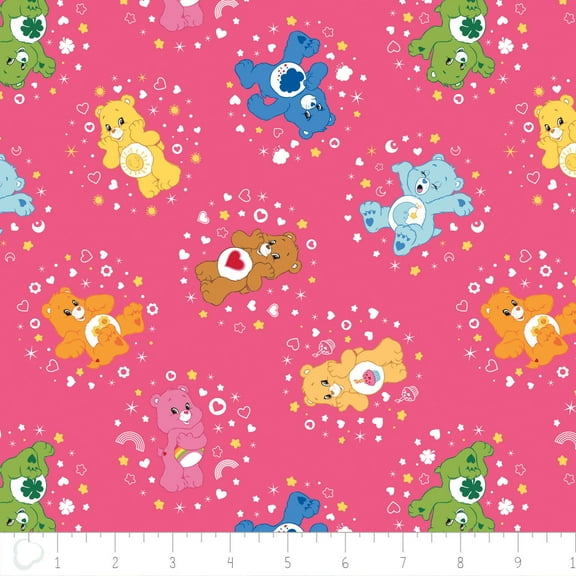 Care Bears Belly Badge Hot Pink 100% Cotton Fabric Sold by the Yard
