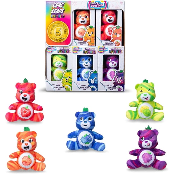 Care Bears Fruity Bears Strawberry Sunrise Bear, Sweet Peach Bear, Citrus Sparkle Bear, Beary Delight Bear & Grape Vibes Bear Micro Plush 5-Pack