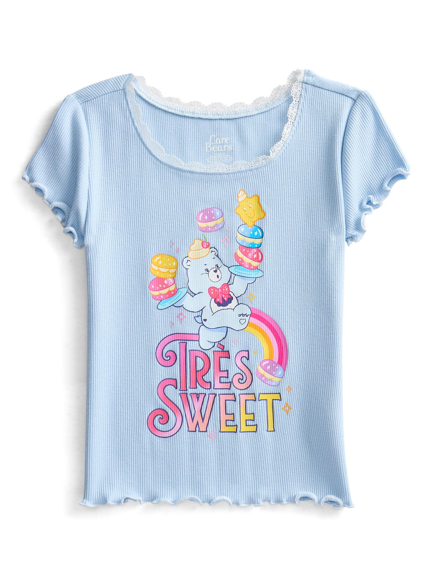 Care Bears Girls Purl Edge Graphic Tee with Short Sleeves, Sizes 4-16
