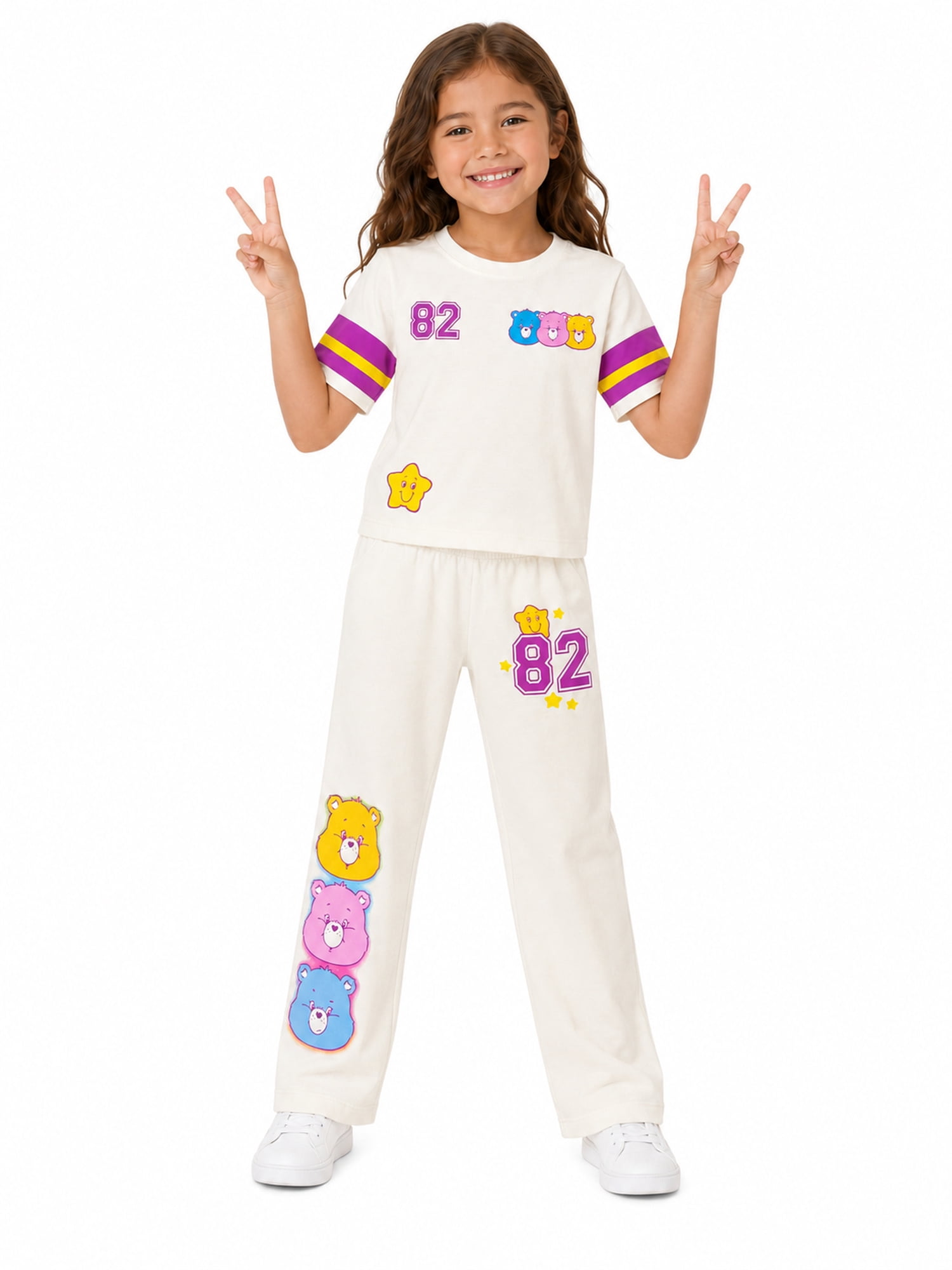 Care Bears Girls' Athletic Front & Back T-shirt with Embroidery & Straight Leg Fleece Pants, 2-Piece, Sizes 4-16