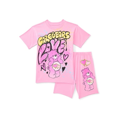 Stitch Care Bears Girls Rhinestones Graffiti Graphic Boyfriend Tee with Rhinestones and Bike Shorts Set, 2-Piece, Sizes 4-16