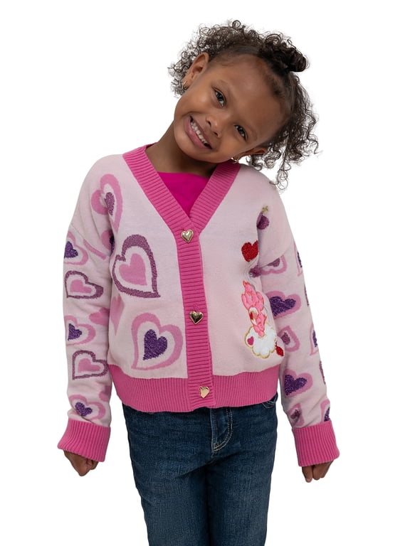 Girls' Hearts & Bear Long Sleeve V-Neck Cardigan, Size 4-6X