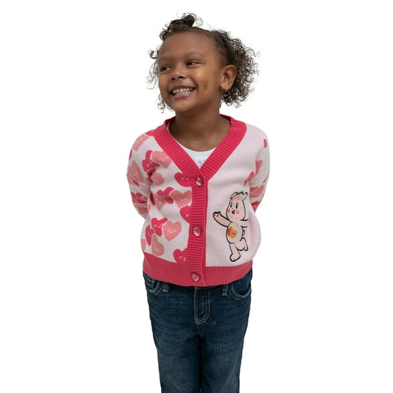 Care Bears Girls' Hearts & Bear Long Sleeve V-Neck Cardigan, Size 4-6X