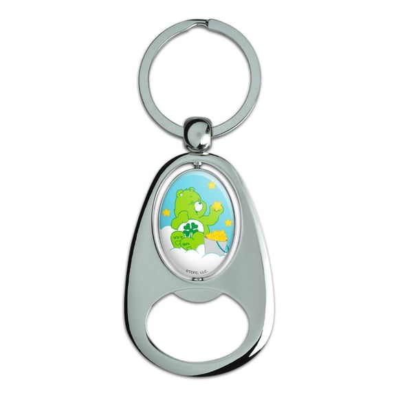 Care Bears Good Luck Bear Keychain Chrome Metal Spinning Oval Bottle Opener