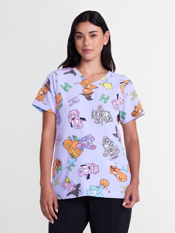 Women's Halloween Scrub Top with Short Sleeves, Sizes S-XXXL