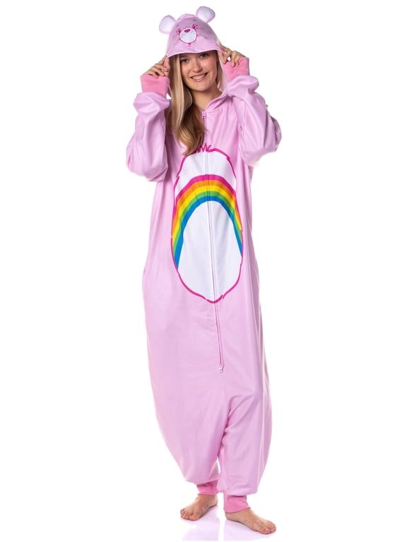 Care Bears Womens Pajama Cheer Bear Hooded Union Suit Footless Sleeper One Piece Costume