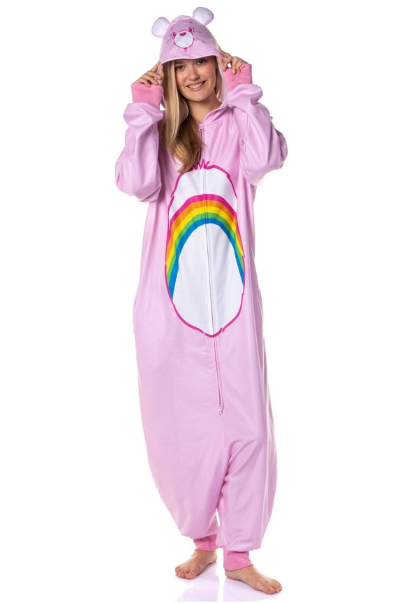 Care Bears Womens Pajama Cheer Bear Hooded Union Suit Footless Sleeper One Piece Costume