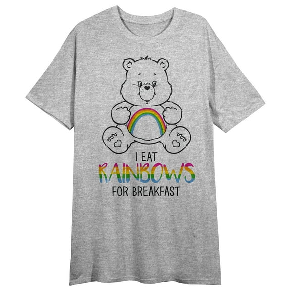 Care Bears I Eat Rainbows For Breakfast Crew Neck Short Sleeve Gray Heather Women's Night Shirt-Medium