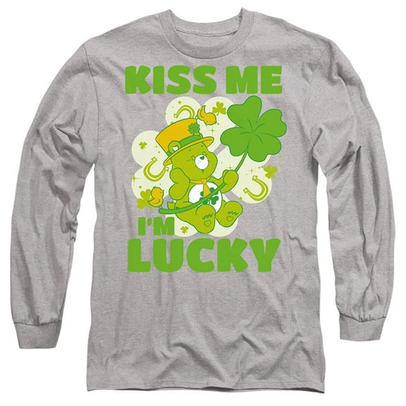 Care Bears Kiss Me I'm Lucky St. Patrick's Day Good Luck Bear Unisex Adult Long-Sleeve T Shirt (Medium) Athletic Heather