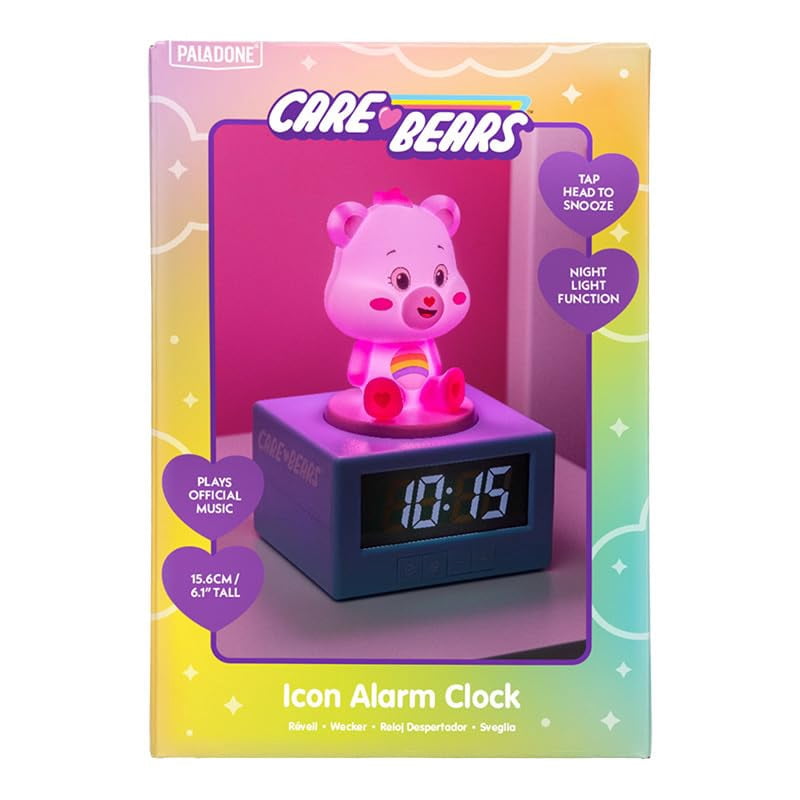 Care Bears Pink Cheer Bear Digital Alarm Clock with Night Light and Music, officially licensed bedroom decor for girls and women, battery-operated pop culture product | Paladone