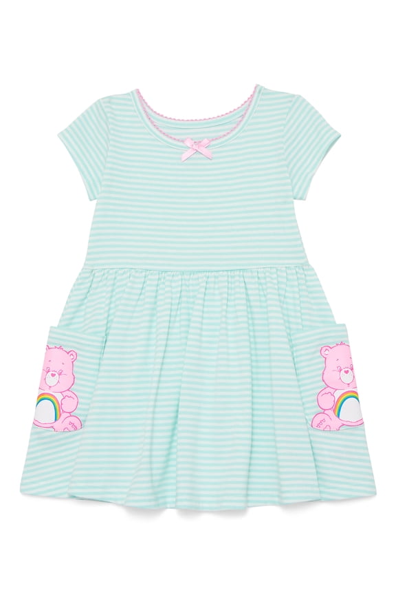 Care Bears Toddler Girls Short Sleeve Striped Dress with Graphic Pockets, Sizes 12M-5T