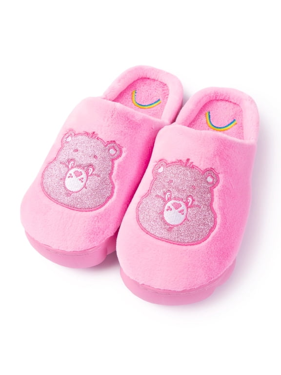 Unisex Cozy Plush and Terry Memory Foam Indoor Outdoor Soled Slipper in Sizes S-XL, Cheer Bear-Pink Glitter Scuff, Large Women