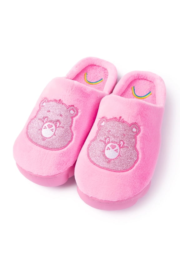 Unisex Cozy Plush and Terry Memory Foam Indoor Outdoor Soled Slipper in Sizes S-XL, Cheer Bear-Pink Glitter Scuff, Large Women