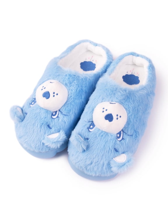 Unisex Cozy Terry Memory Foam Indoor Outdoor Soled Slipper in Sizes S-XL, Grumpy Bear-Blue Super Plush, Medium Women