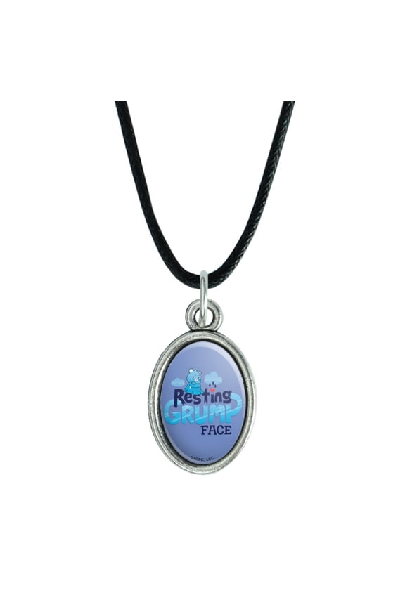 Care Bears: Unlock the Magic Resting Grump Face Antiqued Oval Charm Pendant with Black Satin Cord