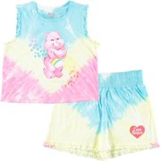 MIGHTY FINE Care Bears Woman's Juniors Tie Dye Crop Tee and Shorts - Cheer Bear Tie Dye Set Large