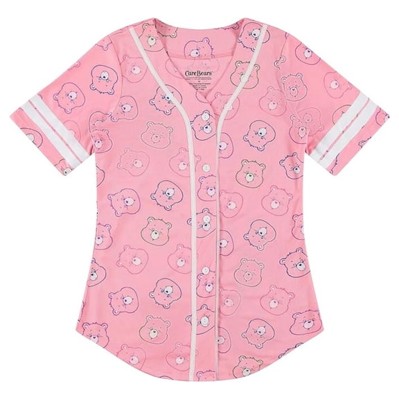 Care Bears Women's Baseball Jersey, Printed Cheer Friend Baseball Shirt Pink White - L