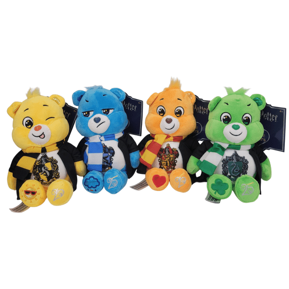 Care Bears x Harry Potter 8-Inch Plush Set Gryffindor Tenderheart, Slytherin Good Luck, Hufflepuff Funshine & Ravenclaw Grumpy Bears (4 Pack)