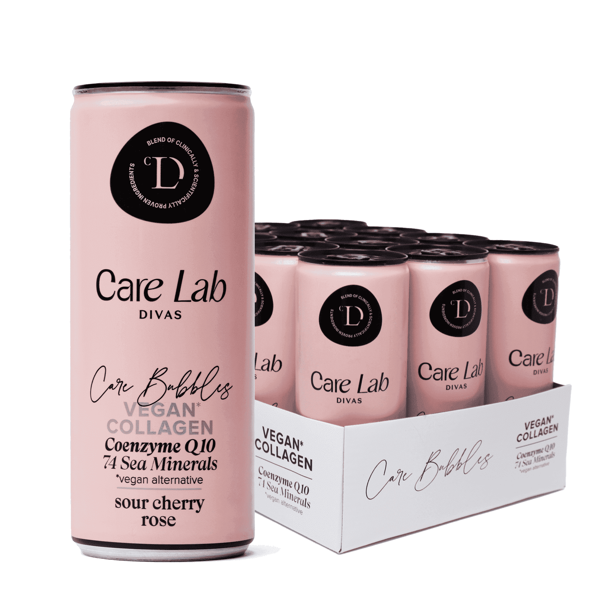 Care Bubbles VEGAN COLLAGEN | Sour Cherry – Rose | Functional Sparkling Drink | Low Calories | CareLab Divas | 12pack 8.4 Fl Oz