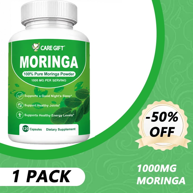 Care Gift 100% Pure Moringa Capsules 1000mg Per Serving, Green Superfood Herbal Supplement for Joint Comfort, Calm Sleep & Daily Vitality, 120 Count