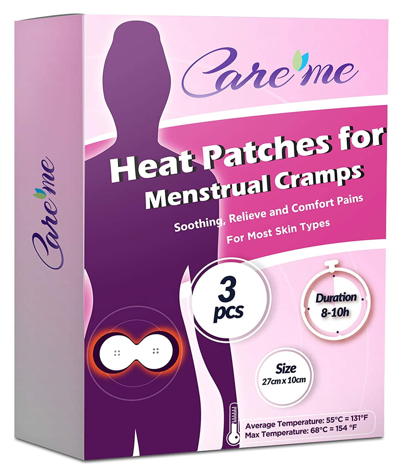 Care Me Heat Patches for Menstrual Cramps & Period Pain Relief - Disposable  Heating Pads (3 Count) for Abdomen or Back Pain-Comparable to Thermacare  Menstrual Heat Wraps 