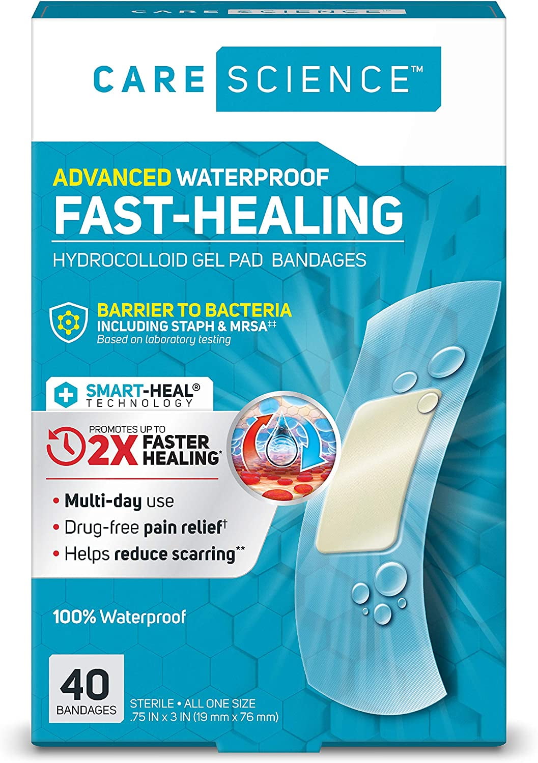 Care Science FastHealing Waterproof Hydrocolloid Gel Pad Bandages, 0.