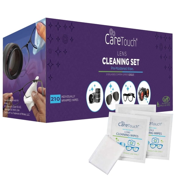 Care Touch Lens Wipes for Eyeglasses- 210 Count Individually Wrapped Pre- Moistened Wipes, 5 x 6 Inch- Camera Lens, Sunglasses and Glasses Cleaner,- Gentle and Portable for Cleaning of Optical Device